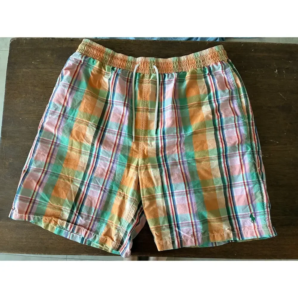 Polo Ralph Lauren Mens XL Madras Plaid Swim Trunks Shorts Mesh Lined Pony